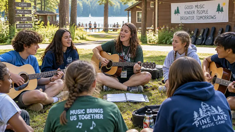 Teen musician receiving guitar instruction during a summer Music Camp program